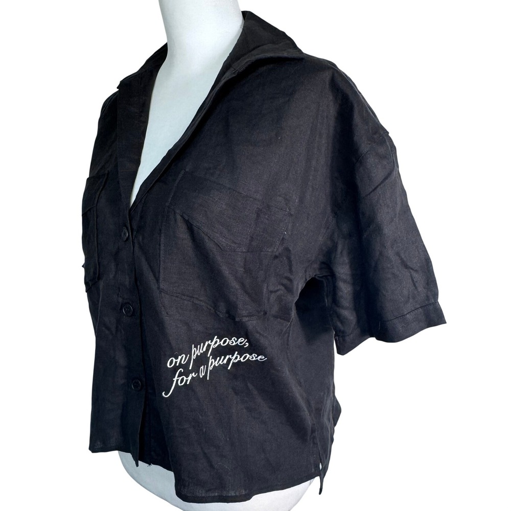 MONAT NWT Women's Medium Black 100% Linen Cropped Short Sleeve Button Down Shirt